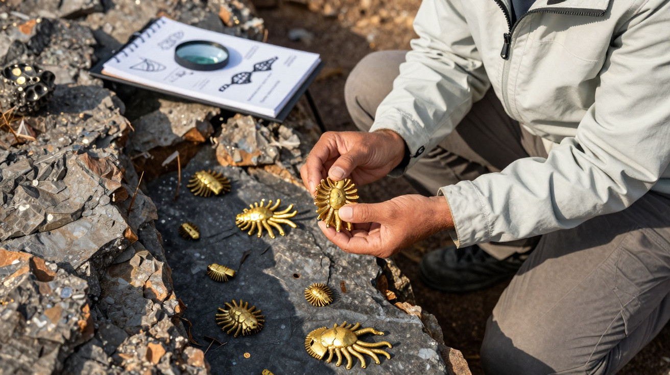 Pessoa segurando modelo dourado de fóssil de trilobita sobre rochas com outros modelos e caderno de anotações.