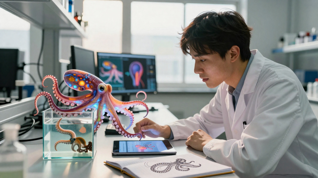 Cientista observa polvo em aquário enquanto analisa imagens da espécie em tablet e computador em laboratório.