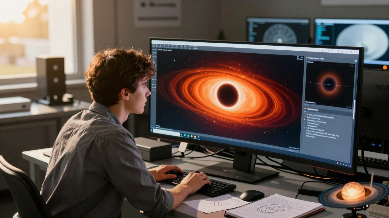 Jovem estudando imagem digital de buraco negro em computador, com maquete solar na mesa ao lado.
