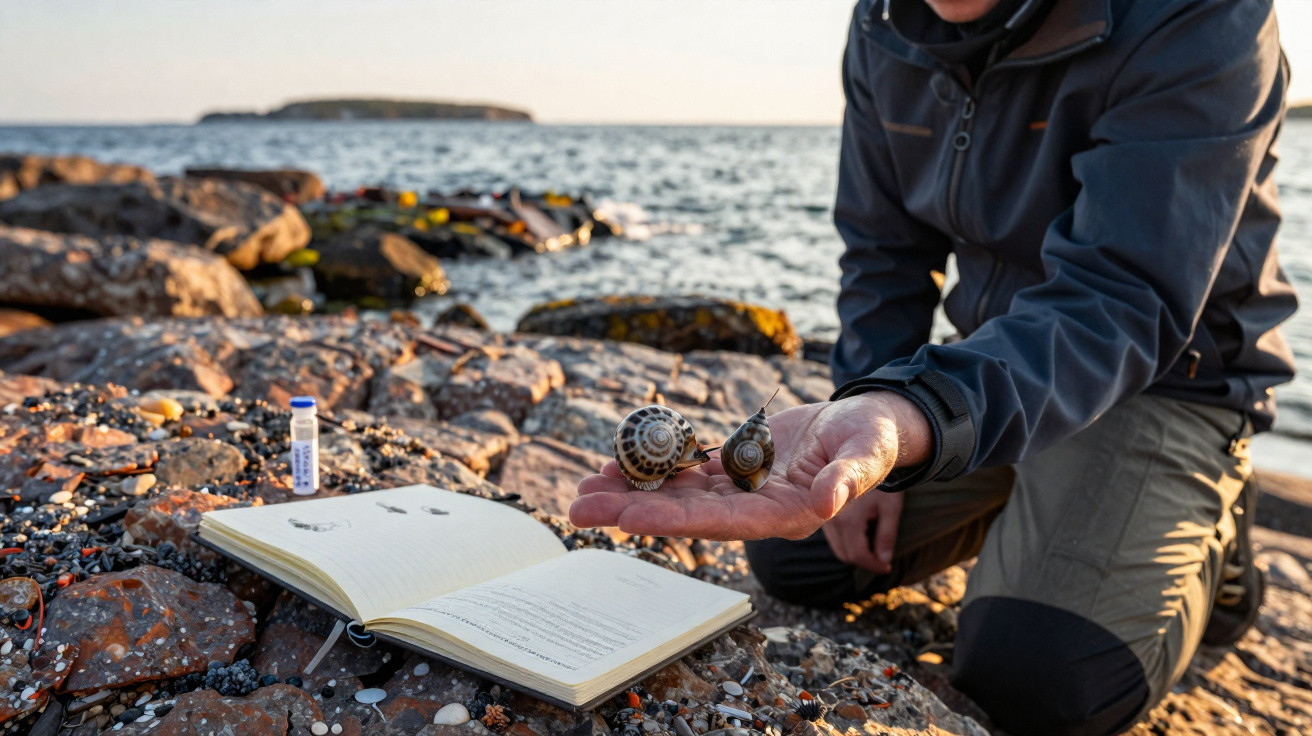 Pessoa segurando dois caracóis na mão próxima a caderno aberto sobre pedras à beira-mar ao entardecer.