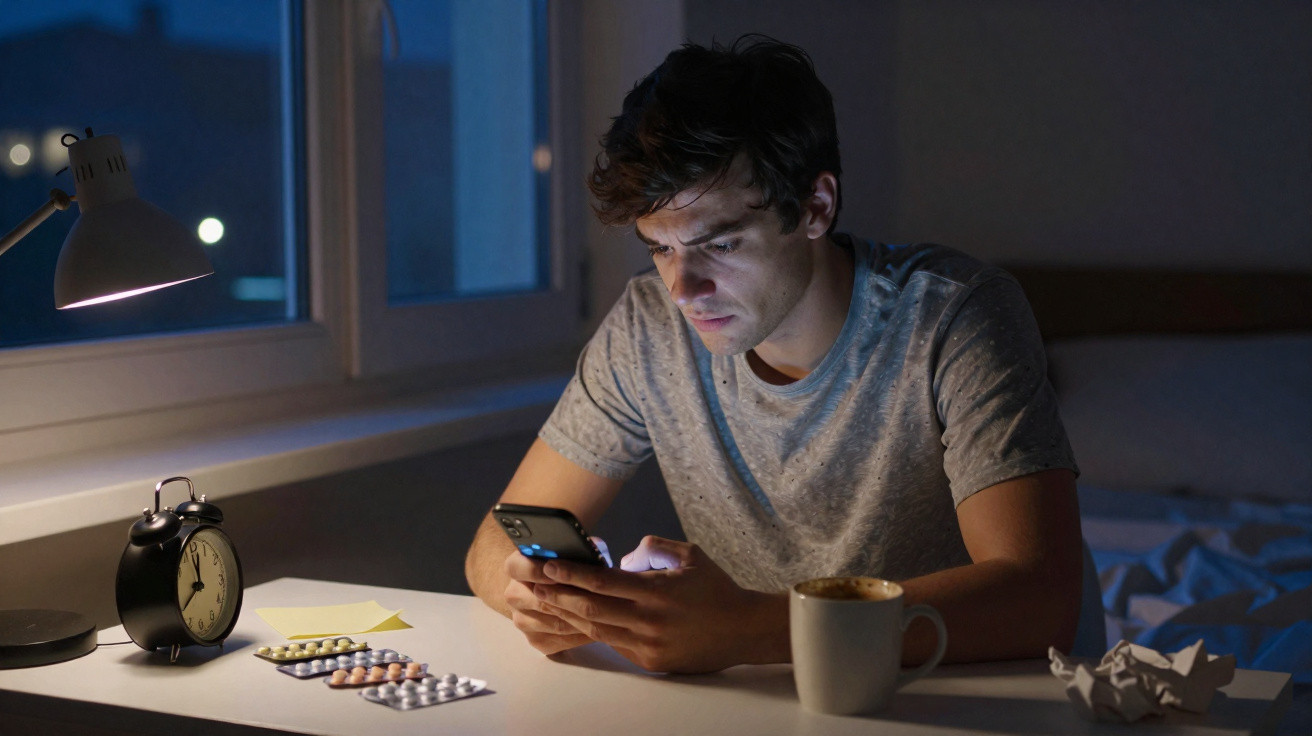 Homem está sentado à mesa olhando atentamente para o celular, ao lado há remédios, relógio e xícara.