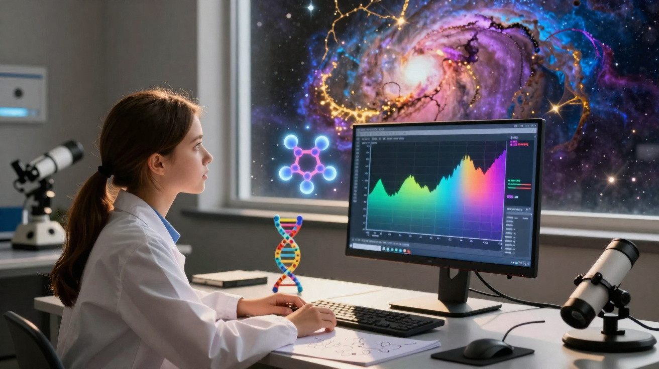 Jovem cientista com jaleco analisando gráfico no computador, com moléculas e galáxia ao fundo na janela.
