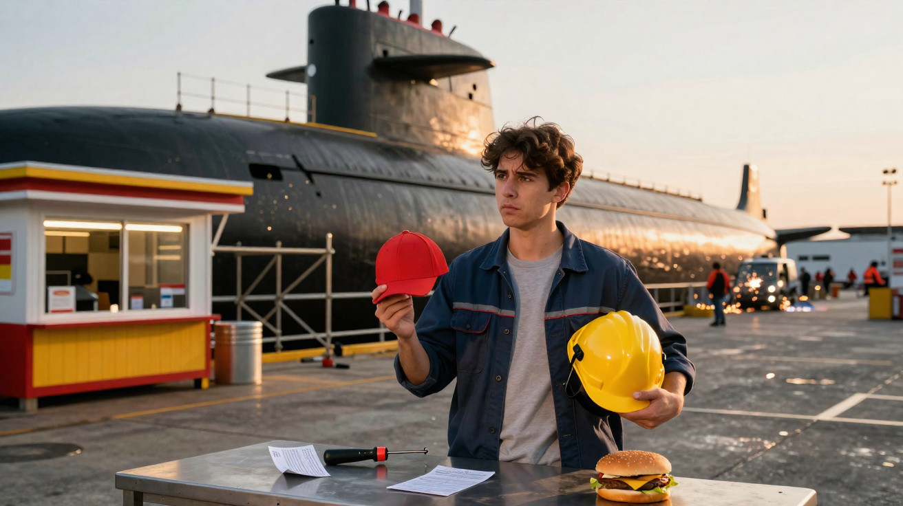 Homem com capacete amarelo e boné vermelho ao lado de um submarino estacionado ao entardecer.