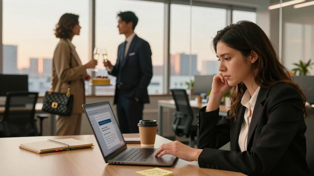 Mulher trabalhadora no escritório olhando para laptop enquanto colegas brindam ao fundo.