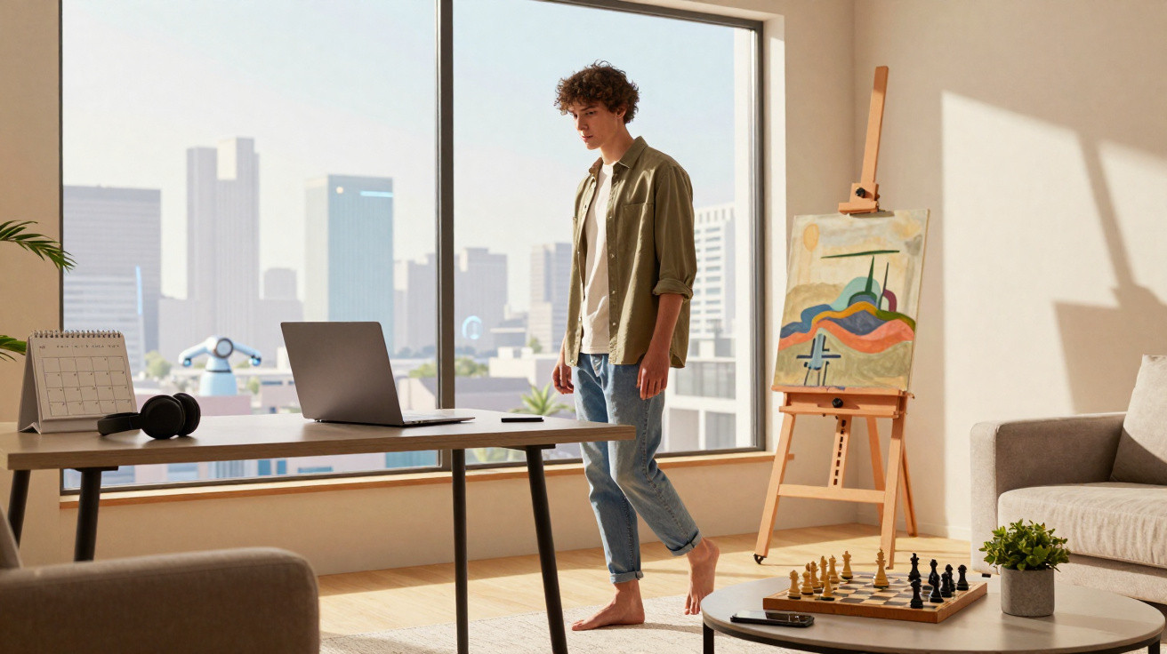 Jovem descalço em pé ao lado de mesa com notebook, em sala iluminada com janela grande e quadro em cavalete.