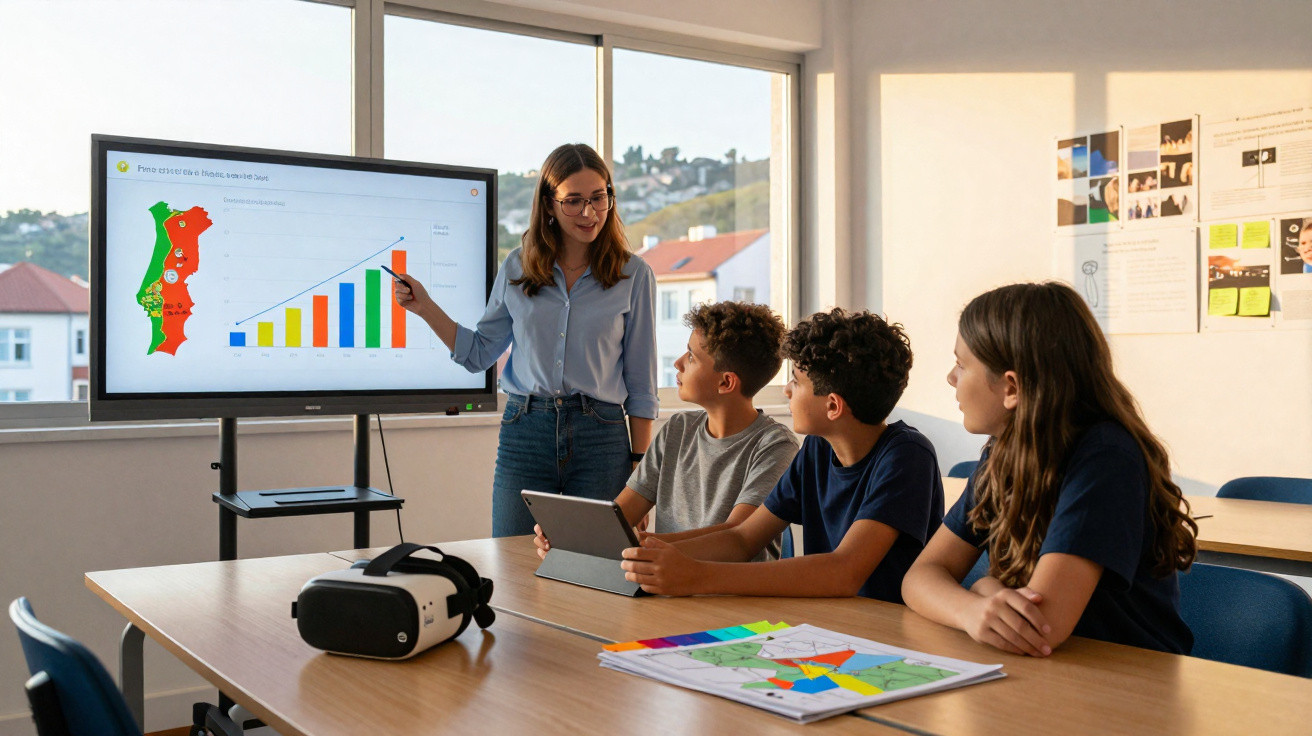 Professora explicando gráfico para três estudantes sentados em sala iluminada com mapa e realidade virtual na mesa.