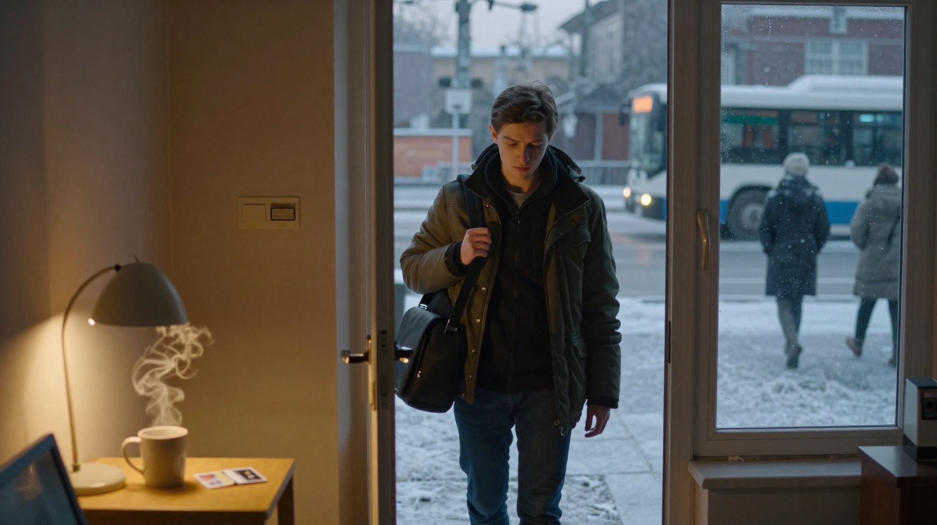 Jovem entrando em casa no inverno, com bolsa, chuva ou neve do lado de fora e fumaça saindo de xícara quente.