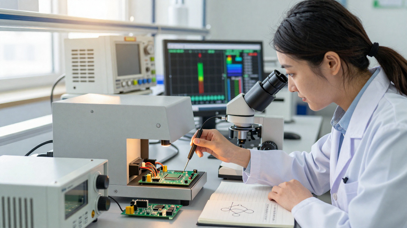 Mulher cientista em laboratório analisando placa de circuito com equipamentos eletrônicos ao fundo.