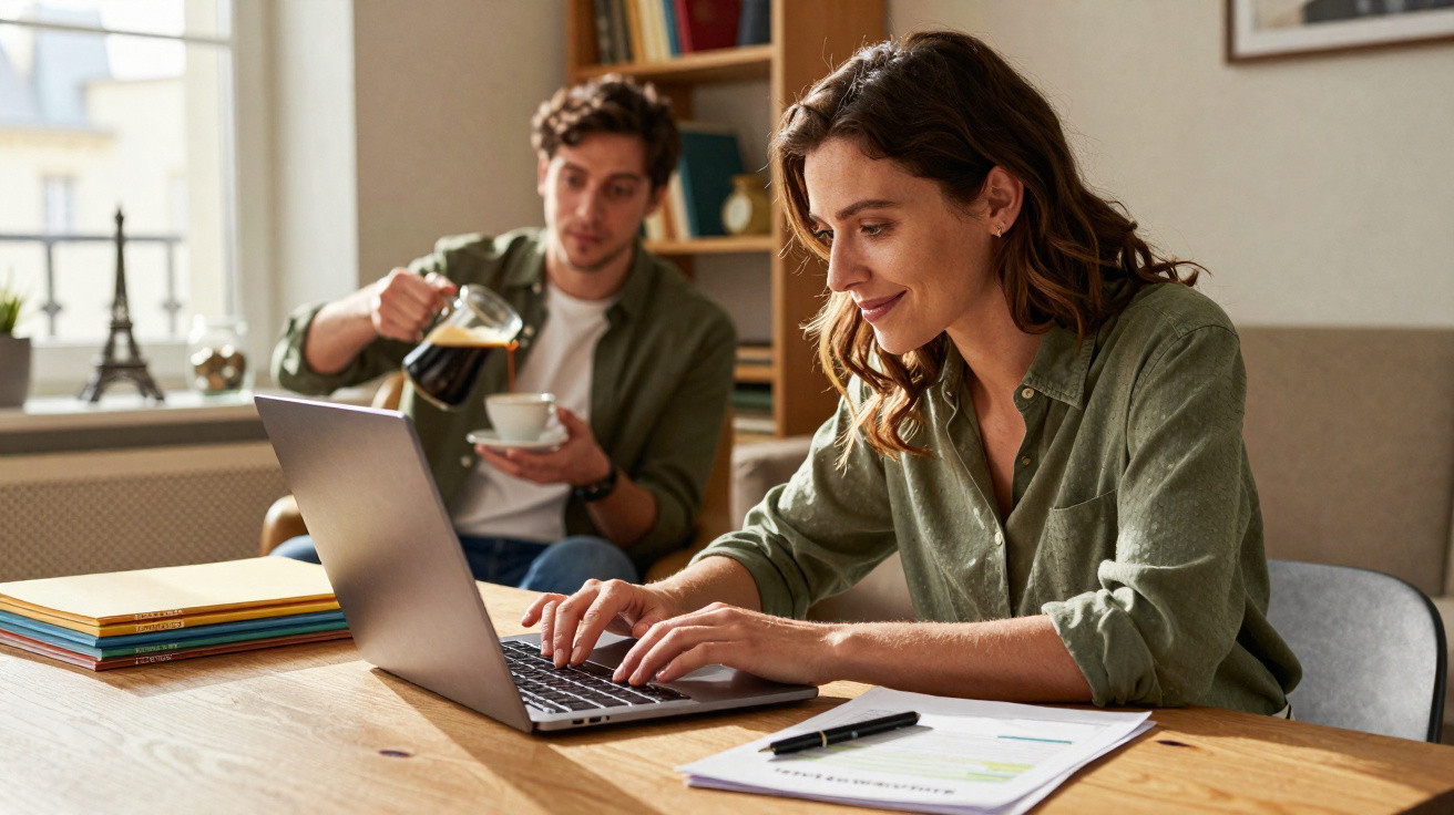 Mulher sorridente trabalhando no laptop enquanto homem serve café em xícara em sala de estar.