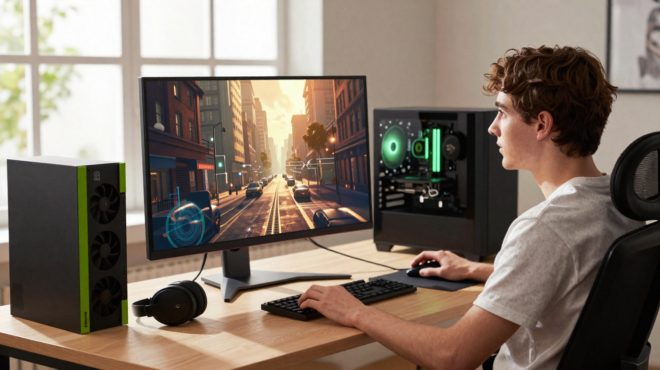 Jovem jogando videogame em computador com fone sobre a mesa em ambiente claro e moderno.