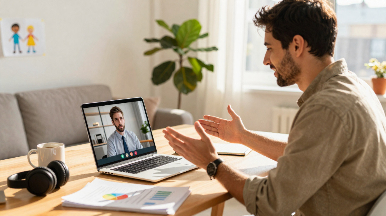 Homem conversando por videoconferência em laptop, sentado à mesa com documentos e fone de ouvido.