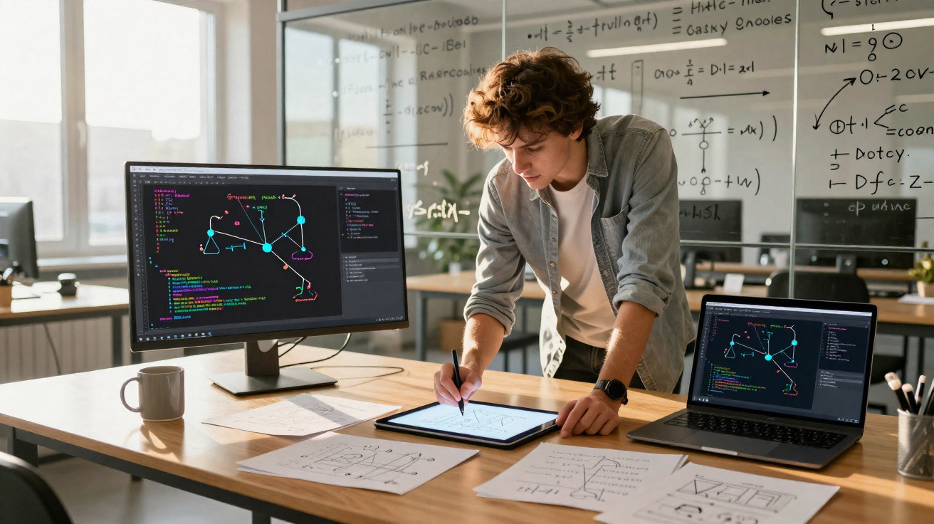 Jovem analisando gráficos em tablet, com computador e monitor exibindo código e papéis com diagramas sobre mesa de trabalho.