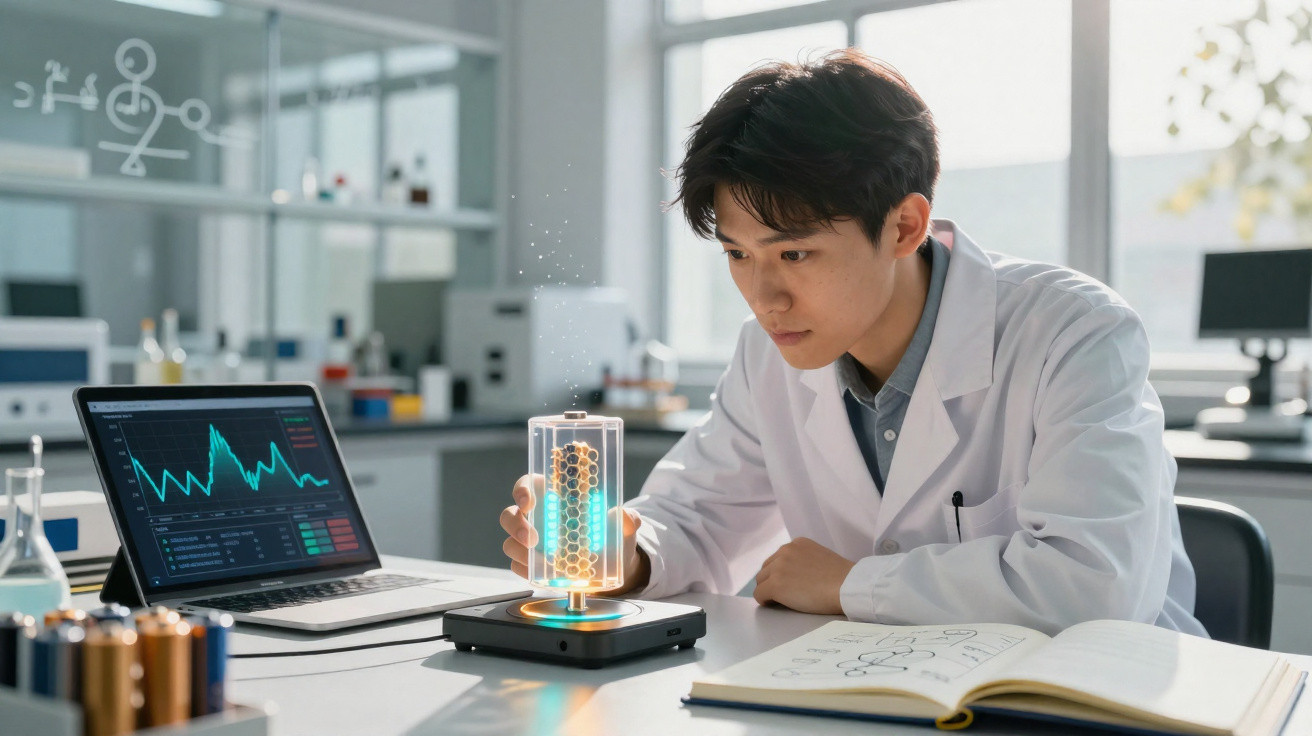 Cientista em laboratório usando jaleco observa holograma de moléculas acima de base tecnológica com notebook e anotações.