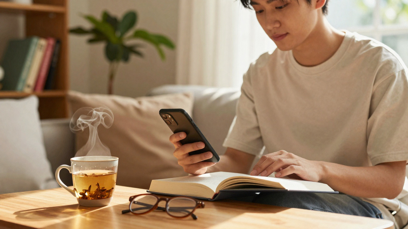 Homem lendo livro e usando celular sentado no sofá com xícara de chá quente na mesa à sua frente.