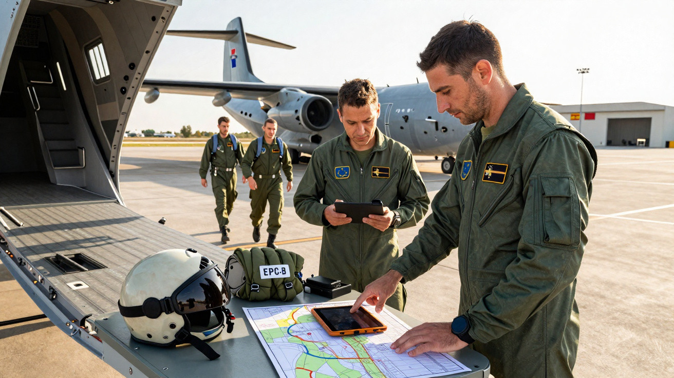 Dois pilotos militares analisam mapas e tablet na rampa de um avião de carga, com dois colegas ao fundo.