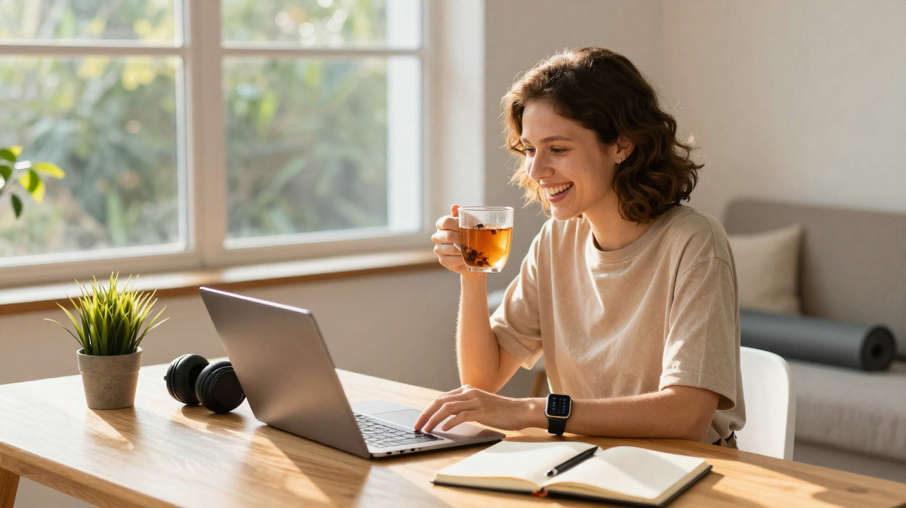 Mulher sorrindo usando laptop e tomando chá em mesa com planta, fones e caderno próximo à janela.