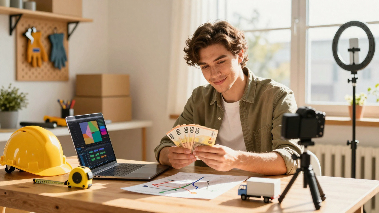 Homem sorridente segurando notas de euro sentado à mesa com laptop, documentos e câmera em tripé.