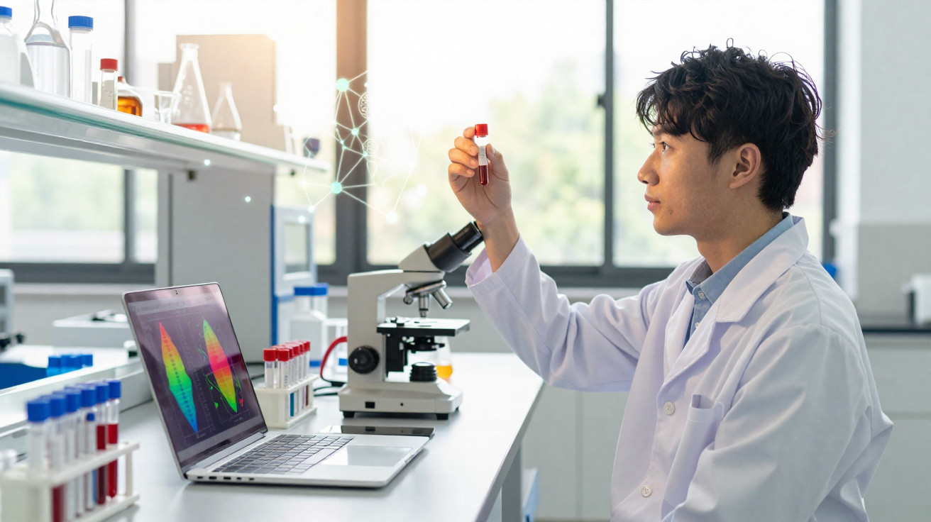 Pesquisador em laboratório analisando tubo de ensaio com laptop e microscópio na bancada.