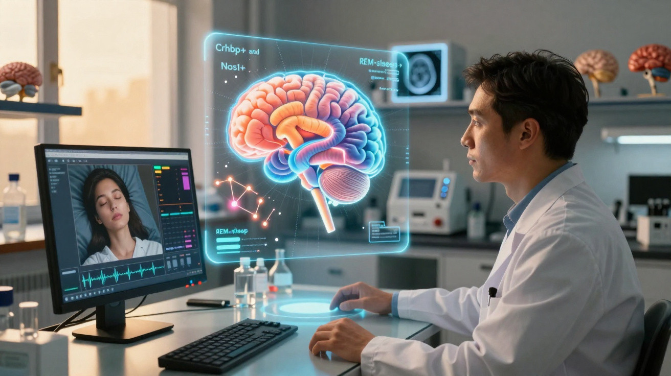 Médico analisando imagem 3D de cérebro holográfico e monitor com paciente dormindo em laboratório.