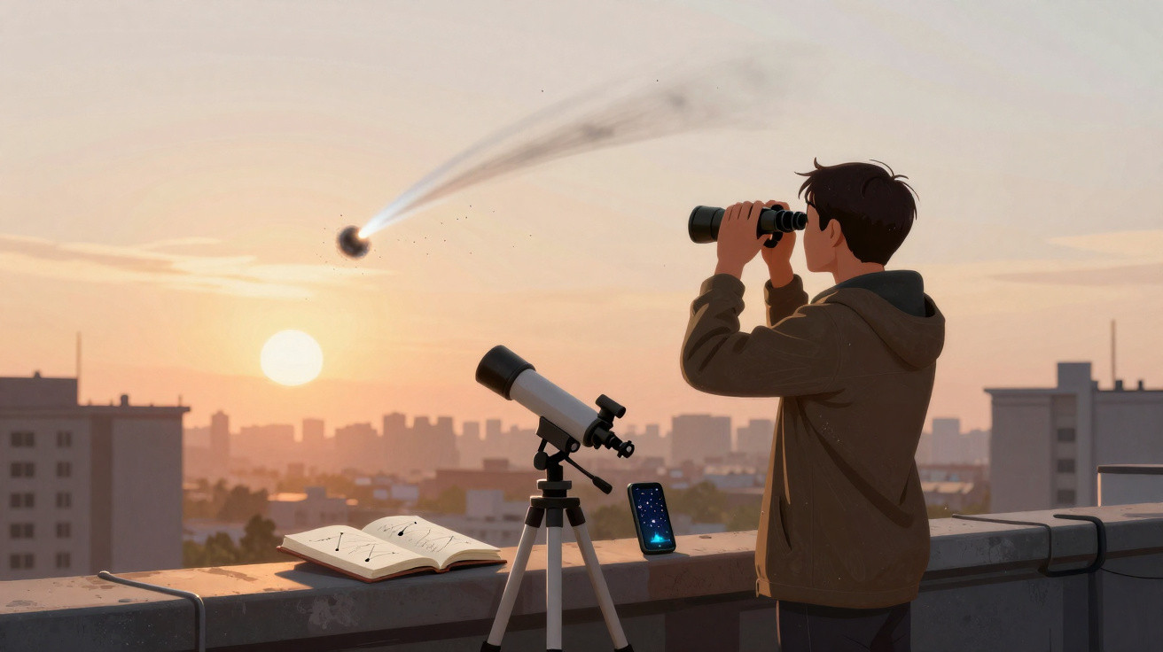 Jovem observa com binóculo com cometa no céu ao pôr do sol, com telescópio e livro na sacada.