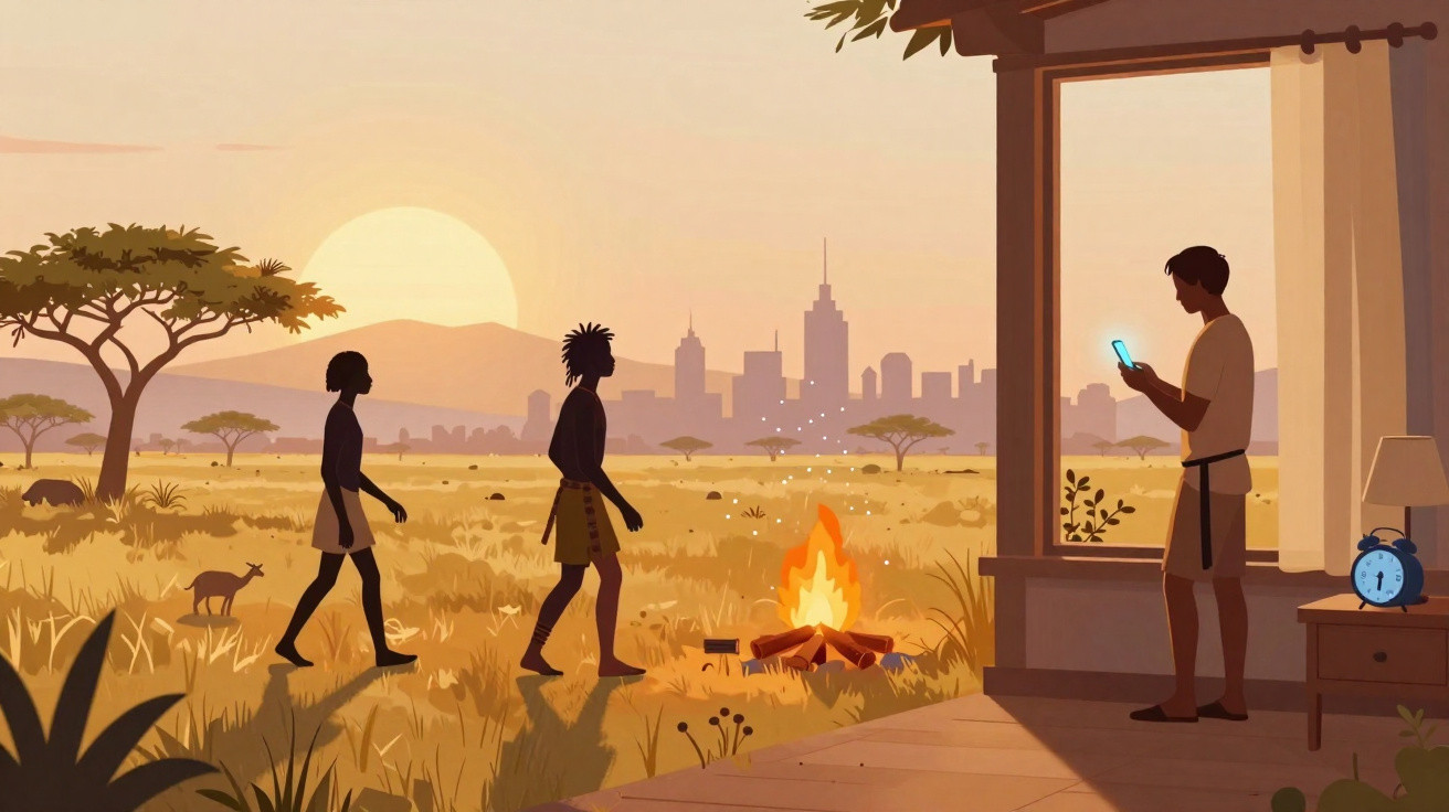 Ilustração mostra pessoas na savana ao pôr do sol com fogueira e cidade moderna ao fundo.