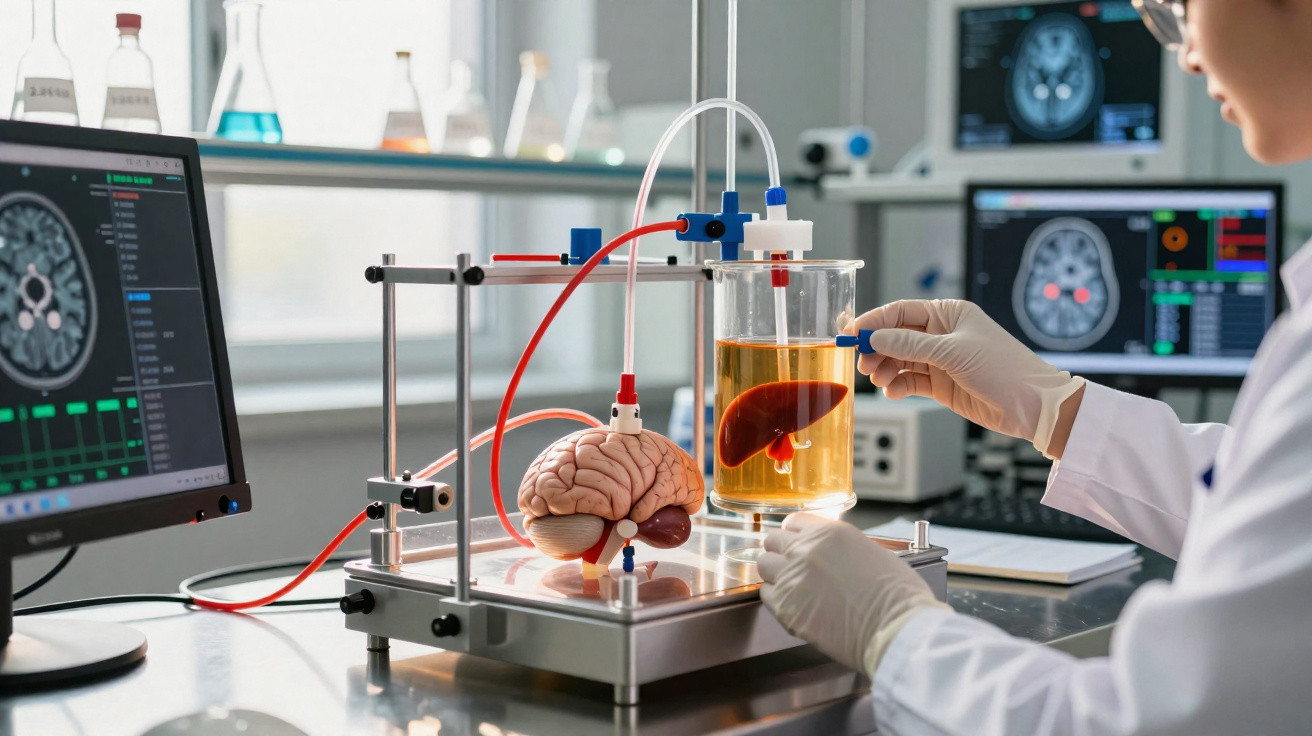Laboratório com cientista manipulando órgão artificial conectado a equipamentos para pesquisa médica.