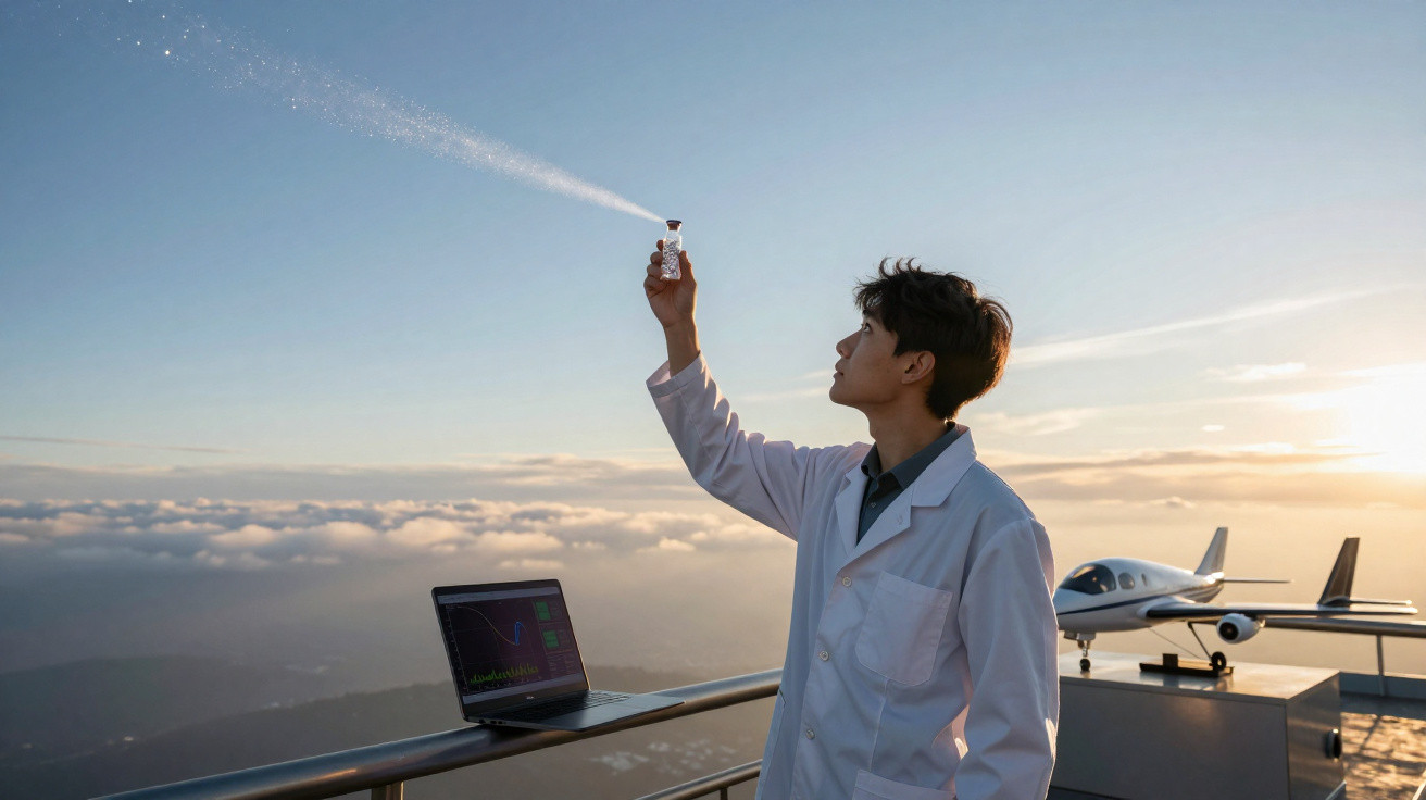 Cientista em jaleco analisa spray de amostra com laptop e avião ao fundo durante o pôr do sol.
