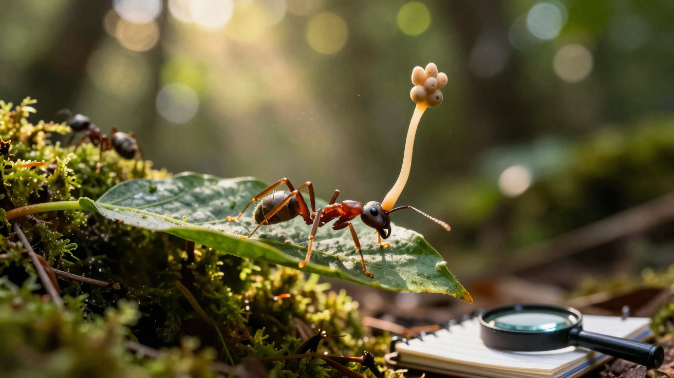 Formiga infectada por fungo com esporos crescendo na cabeça, sobre folha em ambiente natural.