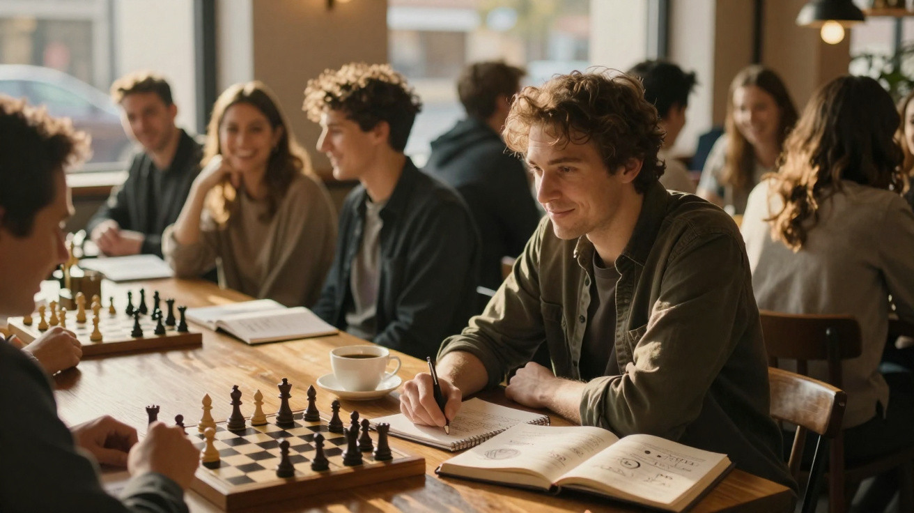 Jovens jogando xadrez e estudando juntos em ambiente de café durante o dia.