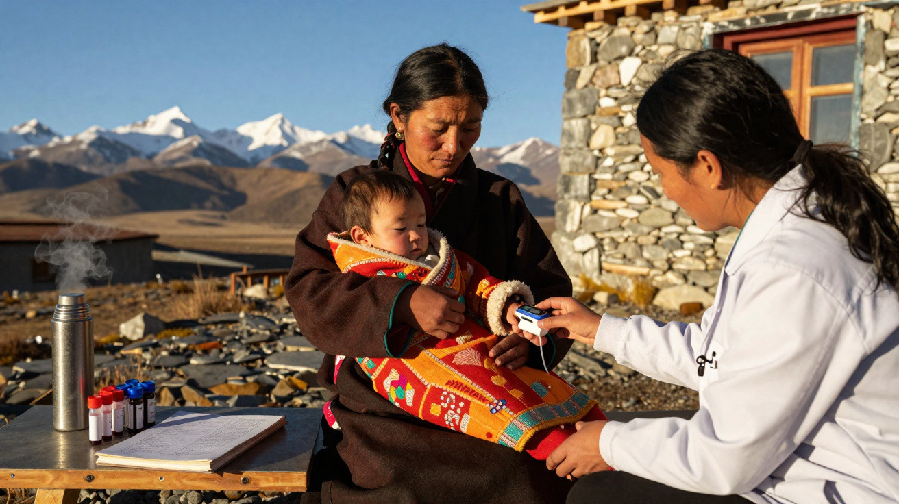Médica verifica o oxímetro no dedo de bebê no colo da mãe em área rural montanhosa ao ar livre.
