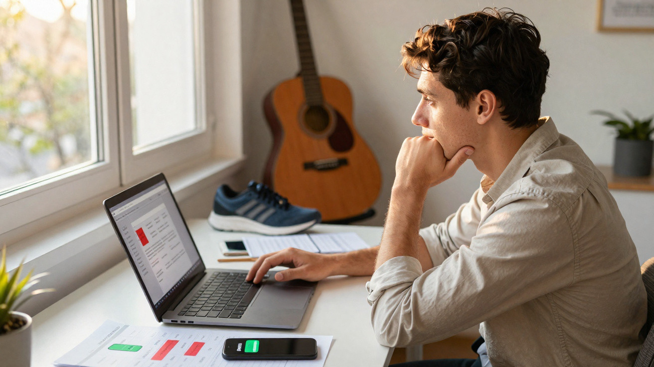 Homem jovem concentrado trabalhando em laptop próximo à janela com guitarra e tênis ao fundo.