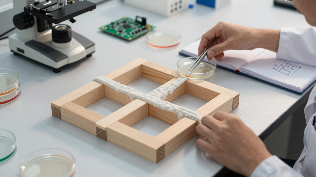 Pesquisador manipulando petri com pinça e estrutura de madeira em laboratório com microscópio e cadernos.