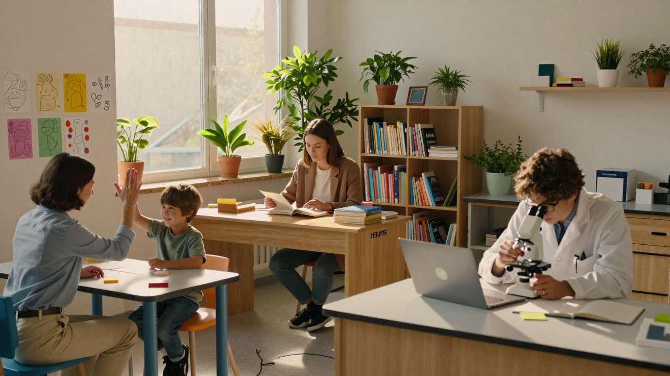 Sala de aula com professoras, criança, livros, plantas e cientista usando microscópio.
