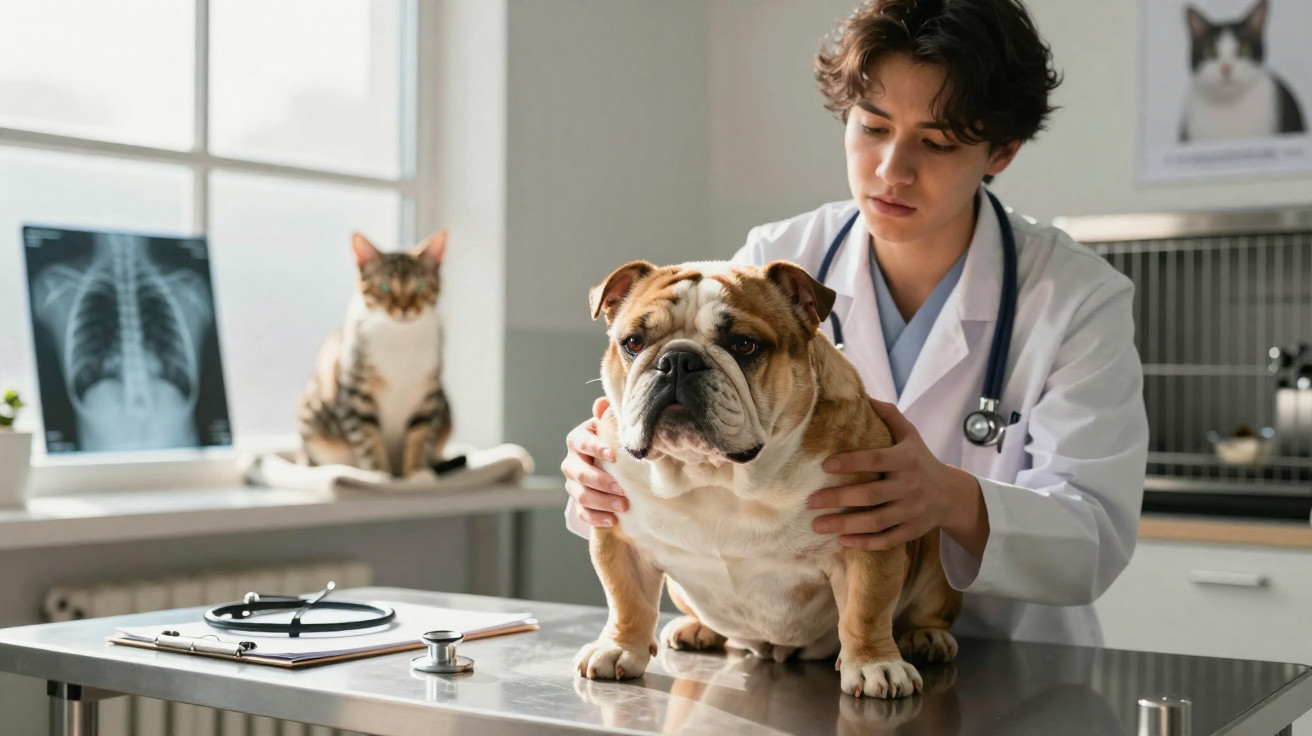 Veterinária examinando cachorro bulldog em clínica, com gato sentado e raio-x de tórax ao fundo.