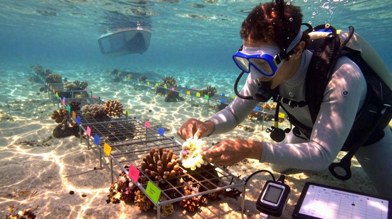 Mergulhador manipulando coral em viveiro subaquático para restauração ambiental em ambiente marinho.