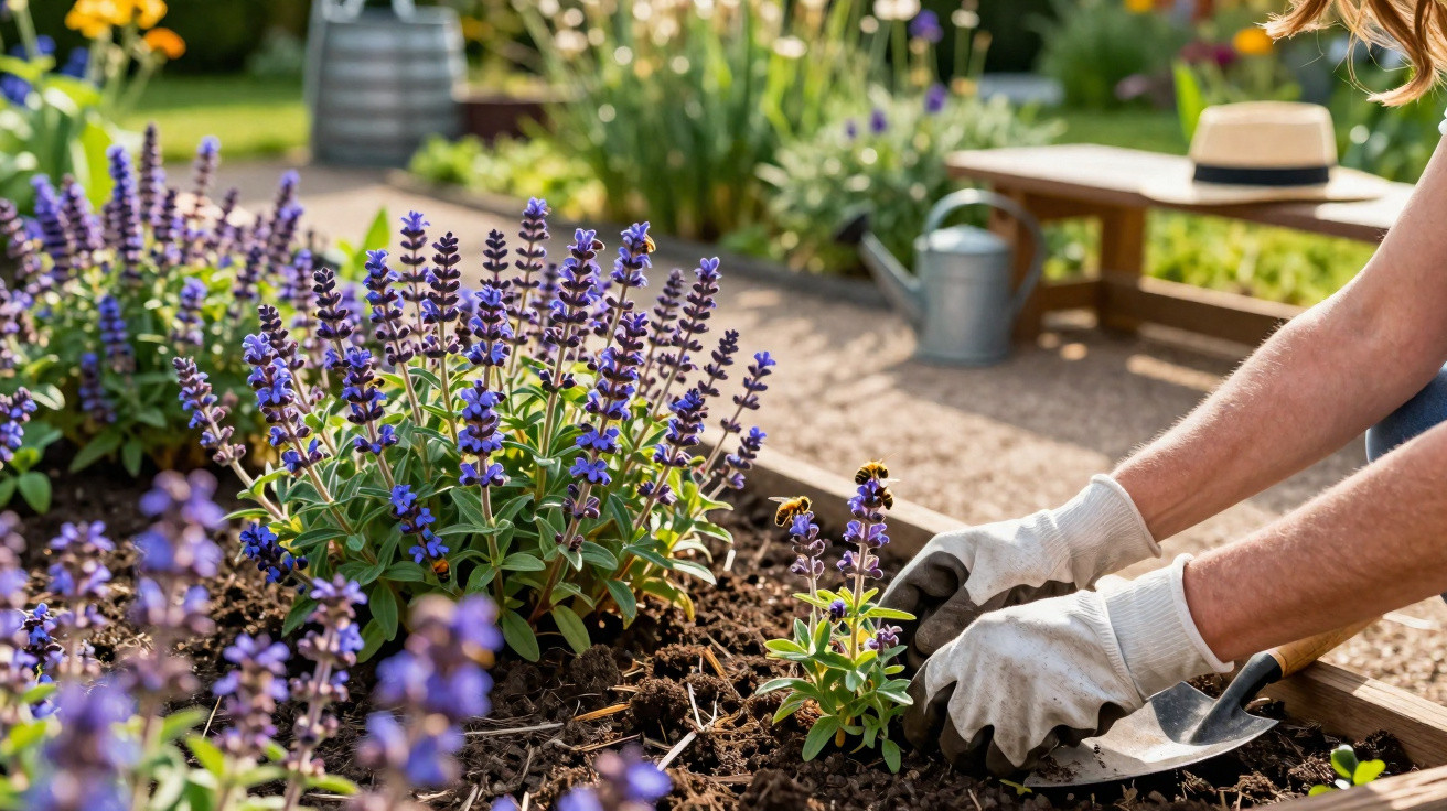 Jardineiro plantando flores roxas em canteiro de jardim com luvas e ferramentas de jardinagem.