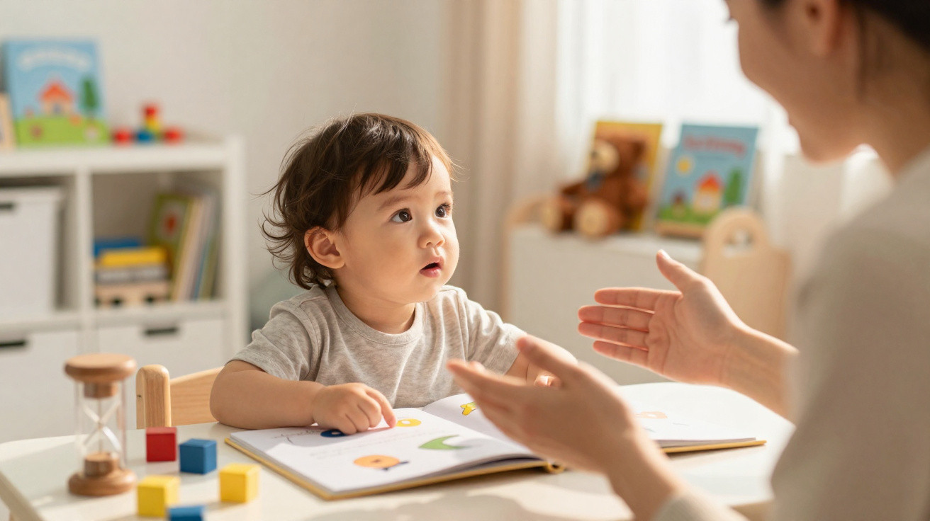 Criança sentada à mesa com livro aberto, olhando para adulto que conversa com gestos com as mãos.
