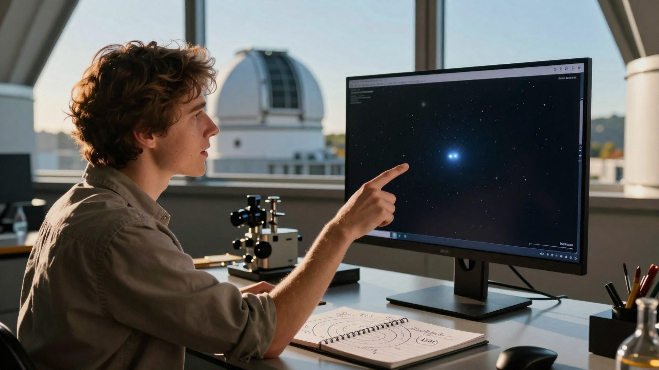 Jovem cientista aponta para uma imagem de estrela brilhante em monitor, com caderno de anotações e microscópio na mesa.