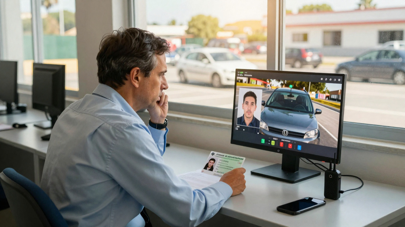 Homem realiza atendimento online para habilitação de motorista segurando documento e olhando para tela de computador.