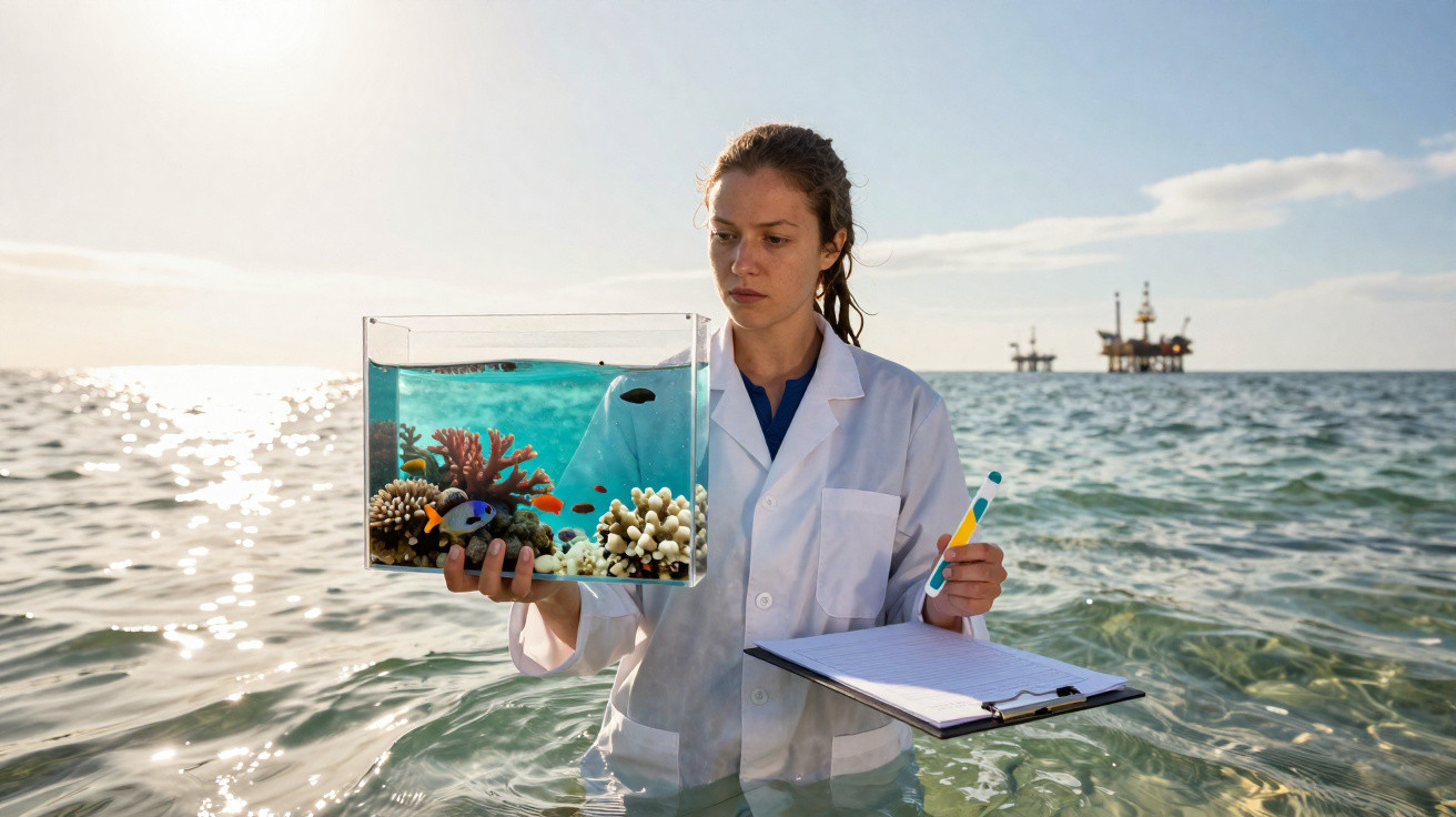 Mulher com jaleco branco segura aquário com coral e peixes no mar, ao fundo plataforma de petróleo.