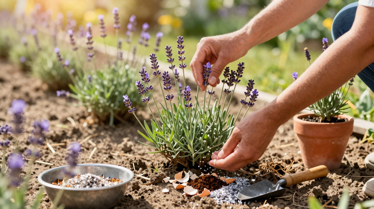Mãos cuidando de planta de lavanda em jardim, com terra, conchas e utensílio de jardinagem ao redor.