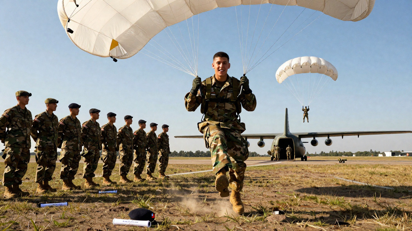 Soldado com paraquedas pousando próximo a grupo de militares alinhados e avião militar ao fundo.