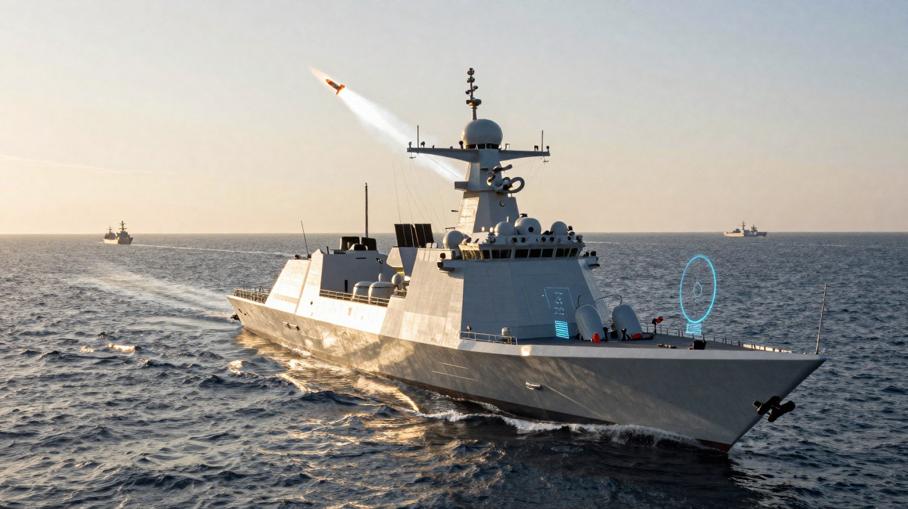 Navio de guerra moderno lançando míssil no mar ao pôr do sol, com duas embarcações ao fundo.