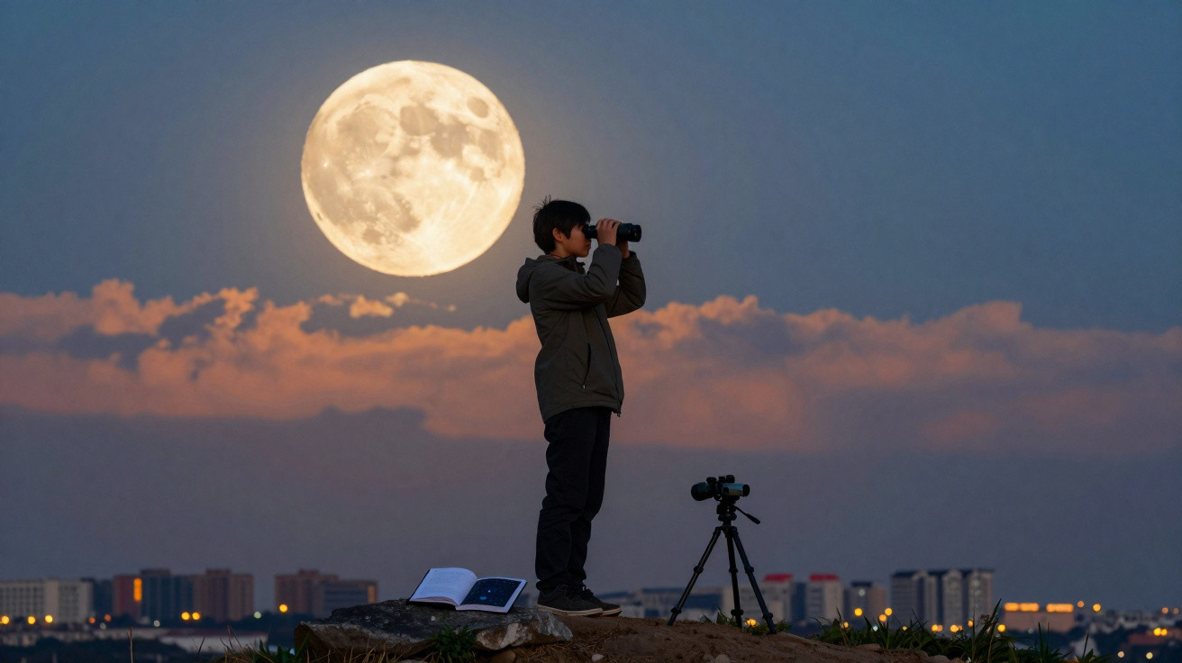 Criança observando a lua cheia com binóculo ao pôr do sol, perto de livro aberto e tripé.