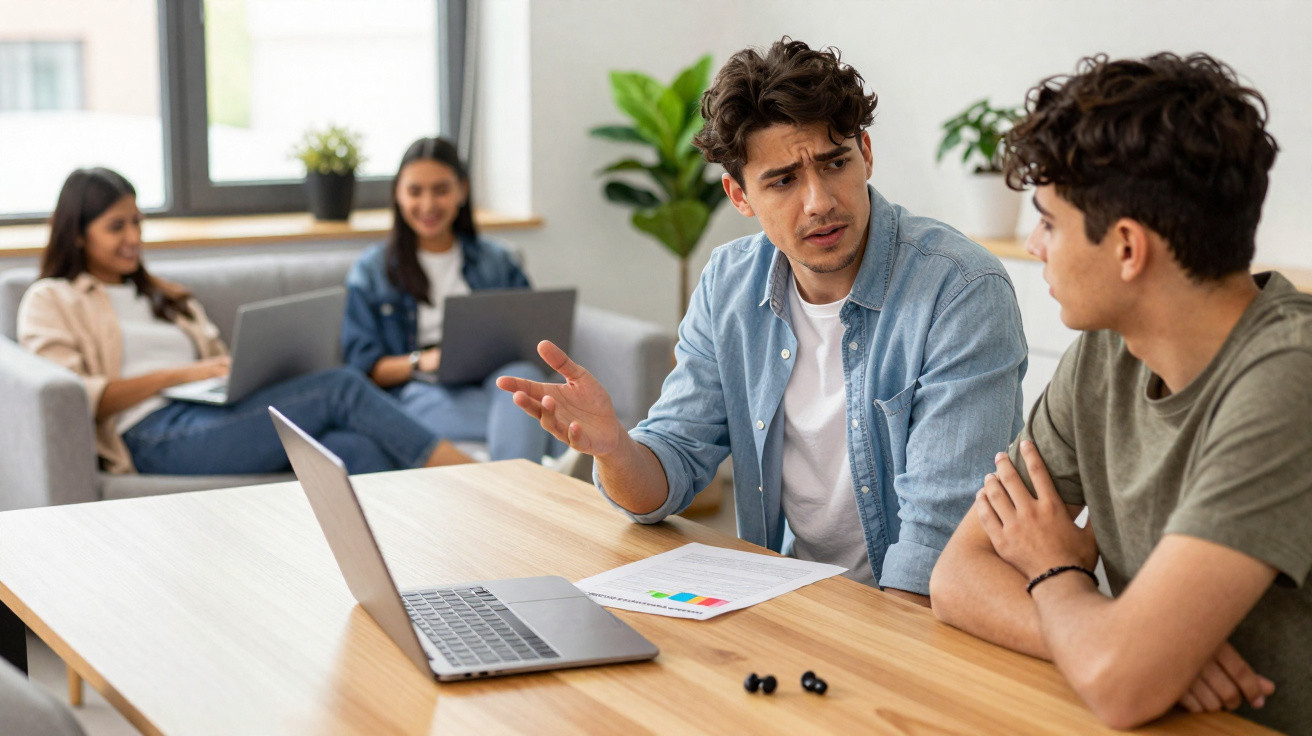 Quatro jovens, dois conversam à mesa com laptop e documentos, outros dois usam laptops no sofá ao fundo.