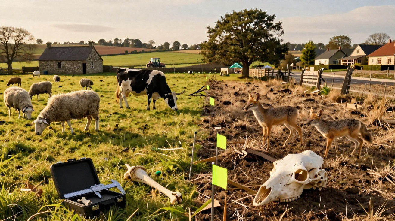 Pastagem com vaca e ovelhas, área cercada com dois coiotes e ossos de animais ao lado de casas.