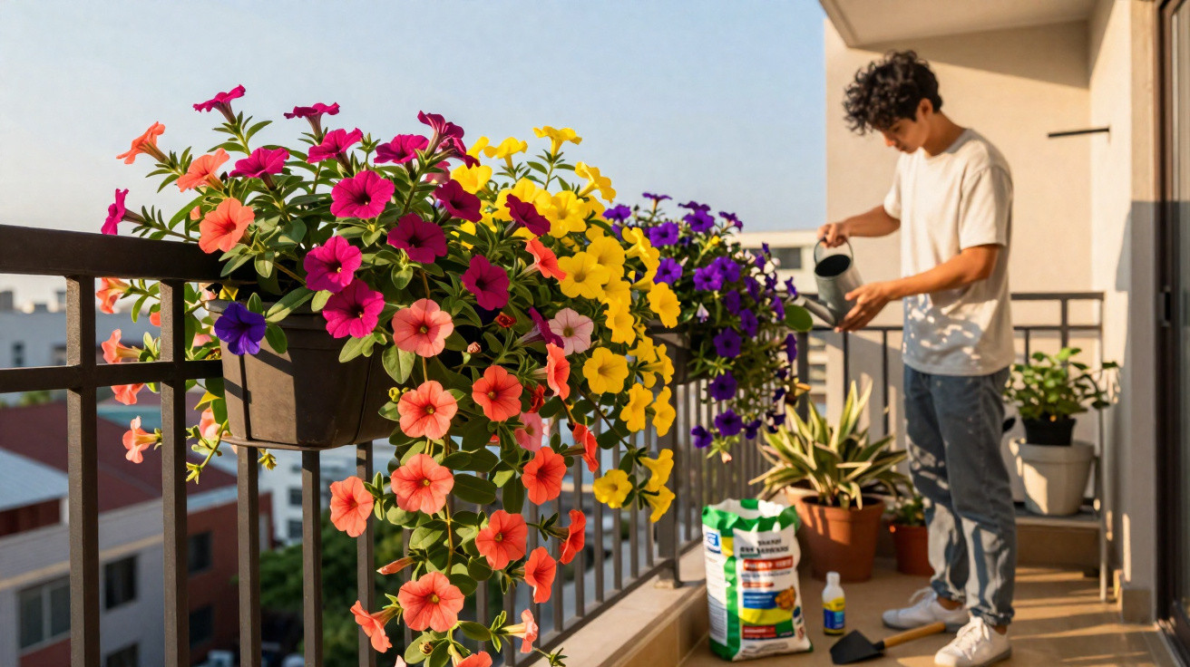 Jovem regando plantas coloridas em varanda de apartamento ao entardecer.