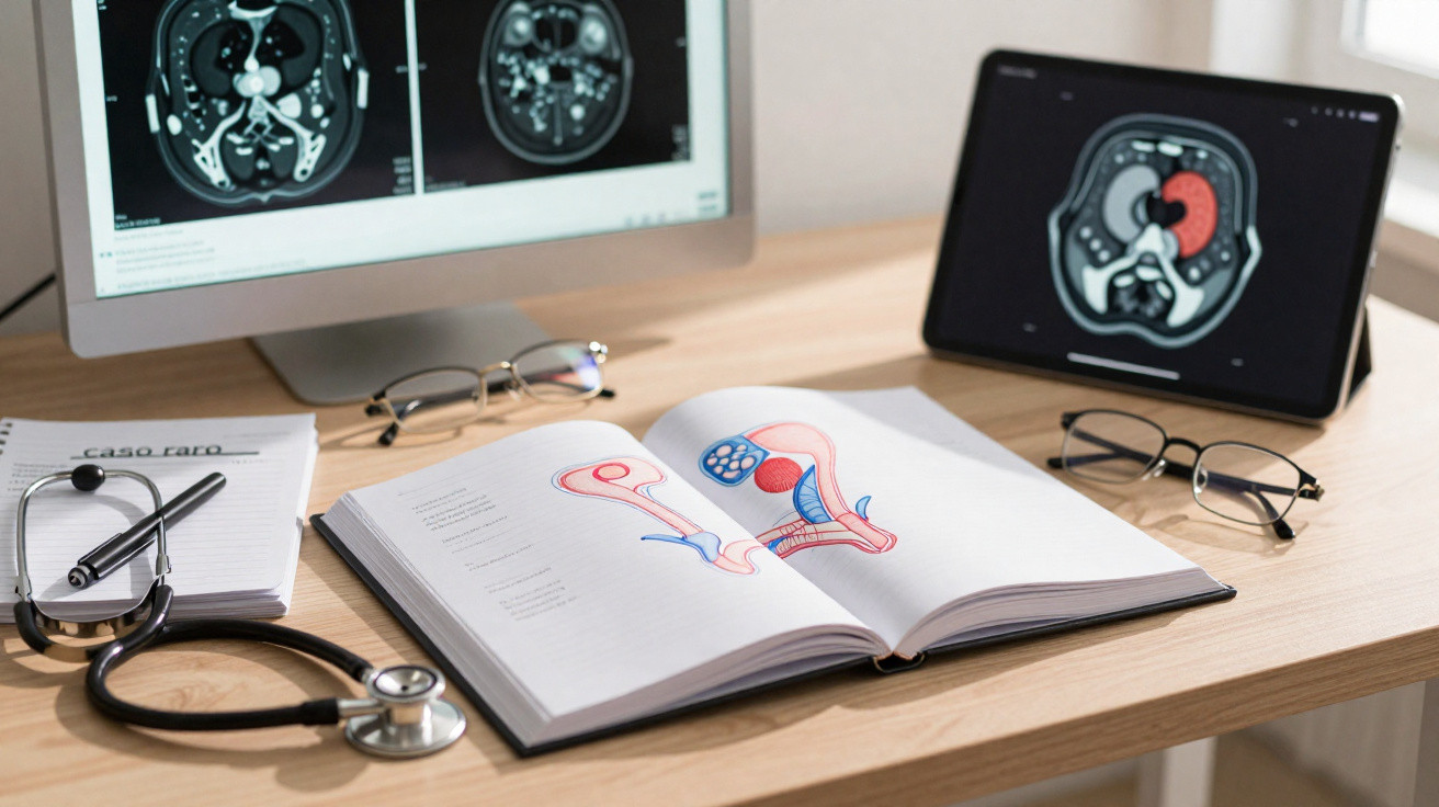 Mesa com livros de anatomia, imagens médicas em tela e tablet, estetoscópio e óculos.