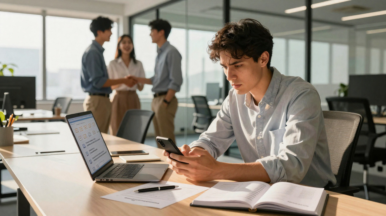 Jovem concentrado usando celular em mesa com laptop e livros em escritório moderno, três pessoas conversam ao fundo.