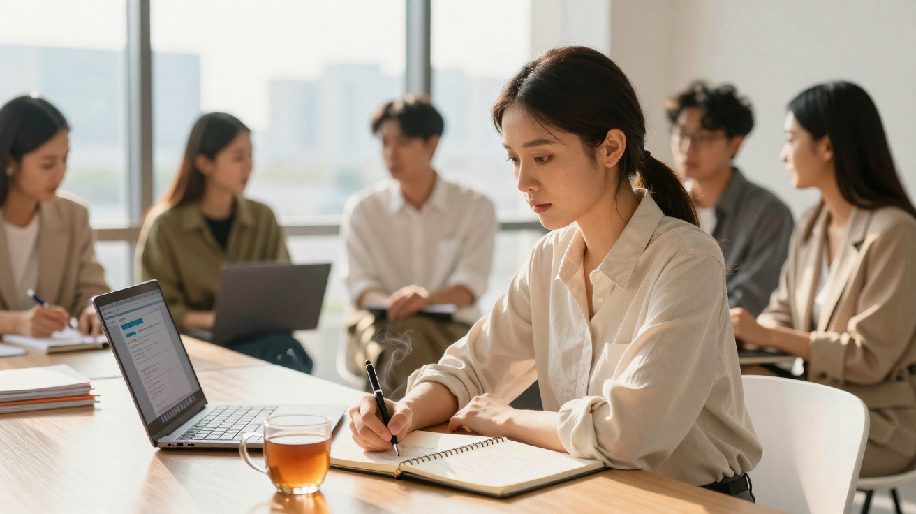 Grupo de jovens adultos em reunião com mulher escrevendo em caderno e laptop aberto em mesa iluminada.